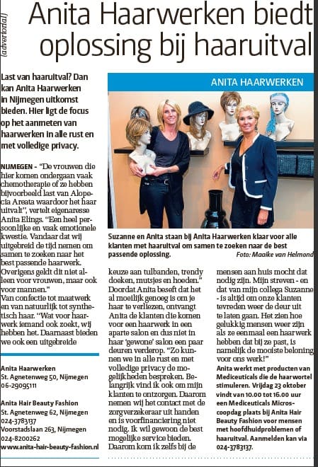 Krantenartikel met de kop Anita Haarwerken biedt oplossing bij haaruitval